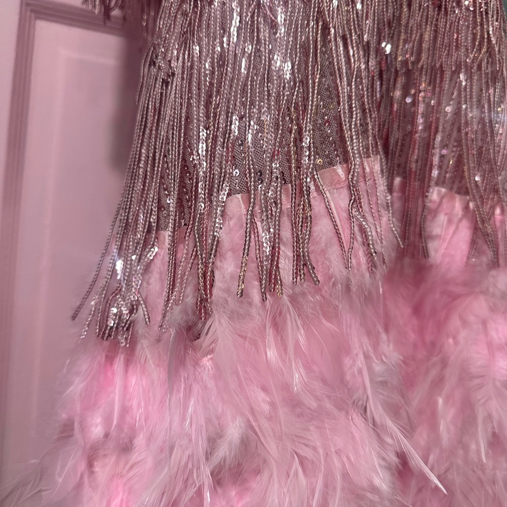 Pink sequin fringe and feather dress - Picture 4 of 4